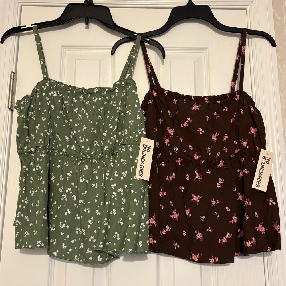 No Boundaries Size Small Green Brown Floral Woven Ruffle Tops Lot of 2 New ^